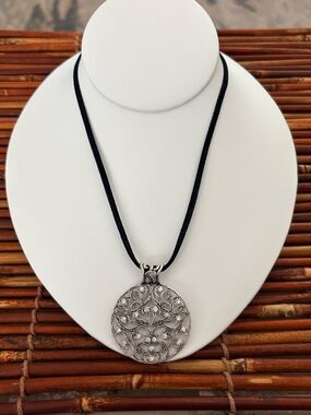 Lia Sophia Silver Filigree Round Pendant on Black Cord 16”-19”
